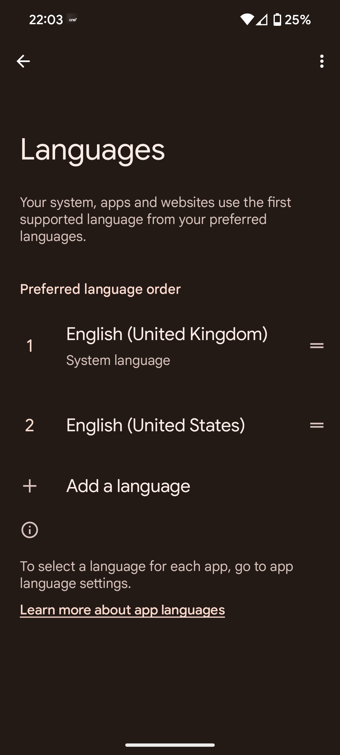 Android language settings page showing where you can add a system language.