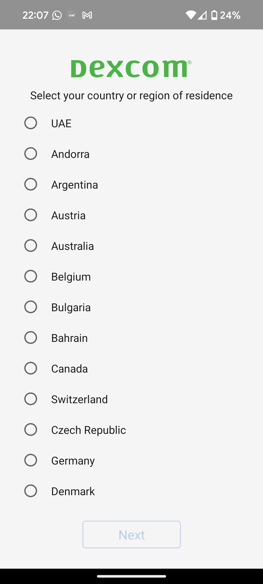 The Dexcom app working, landing on the page to choose your region.