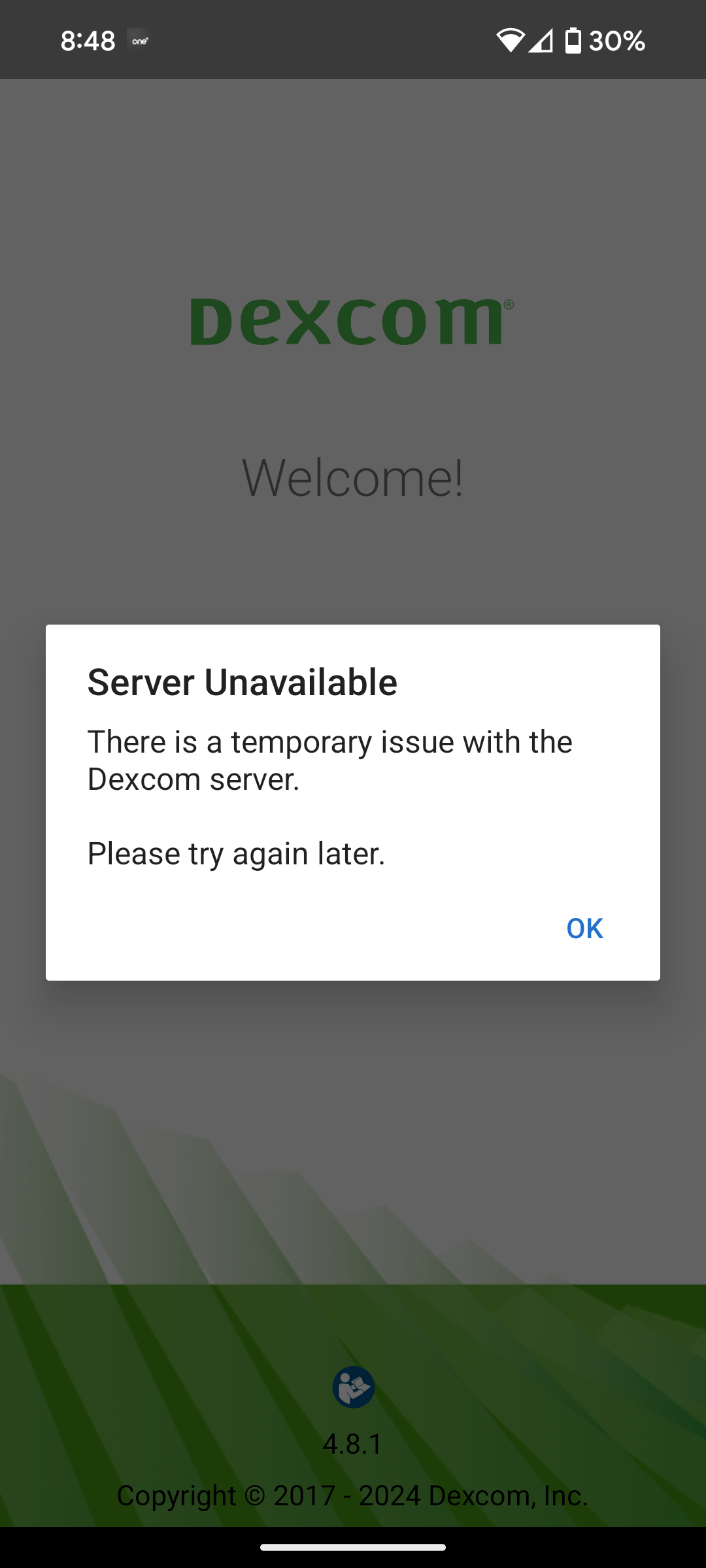A screenshot of the Dexcom follow app with the following error message: Server Unavailable. There is a temporary error with the Dexcom server. Please try again.